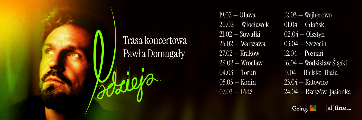 Paweł Domagała — Nadzieja. Oficjalny baner trasy koncertowej z listą miast i dat.